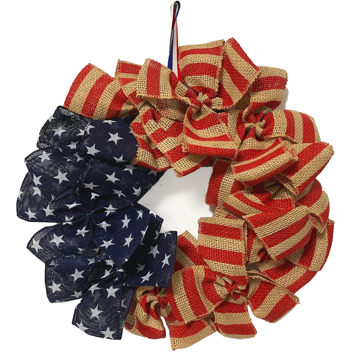 PLOEOUAR patriotic wreath on front door with red, white, and blue burlap accents for curb appeal.