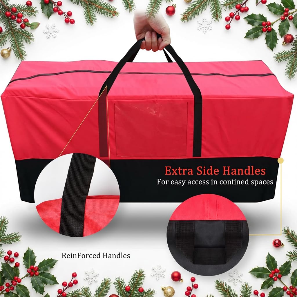 PLTCAT red storage bag keeps decorations organized and accessible for next season.