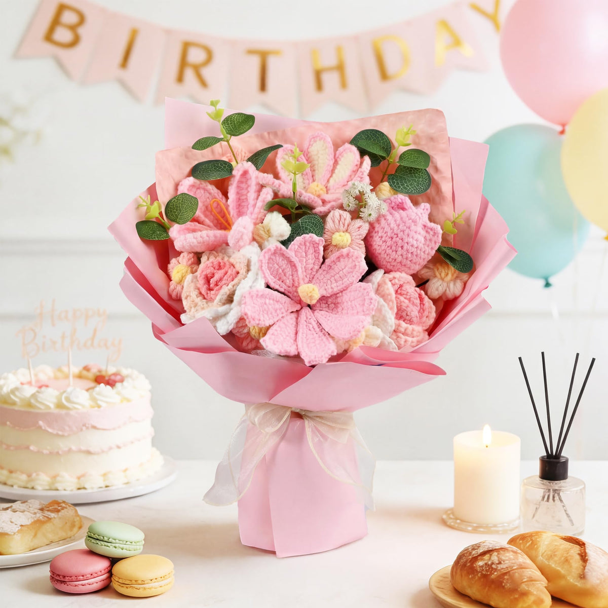 Plukers cream puffs and eucalyptus accents in bouquet