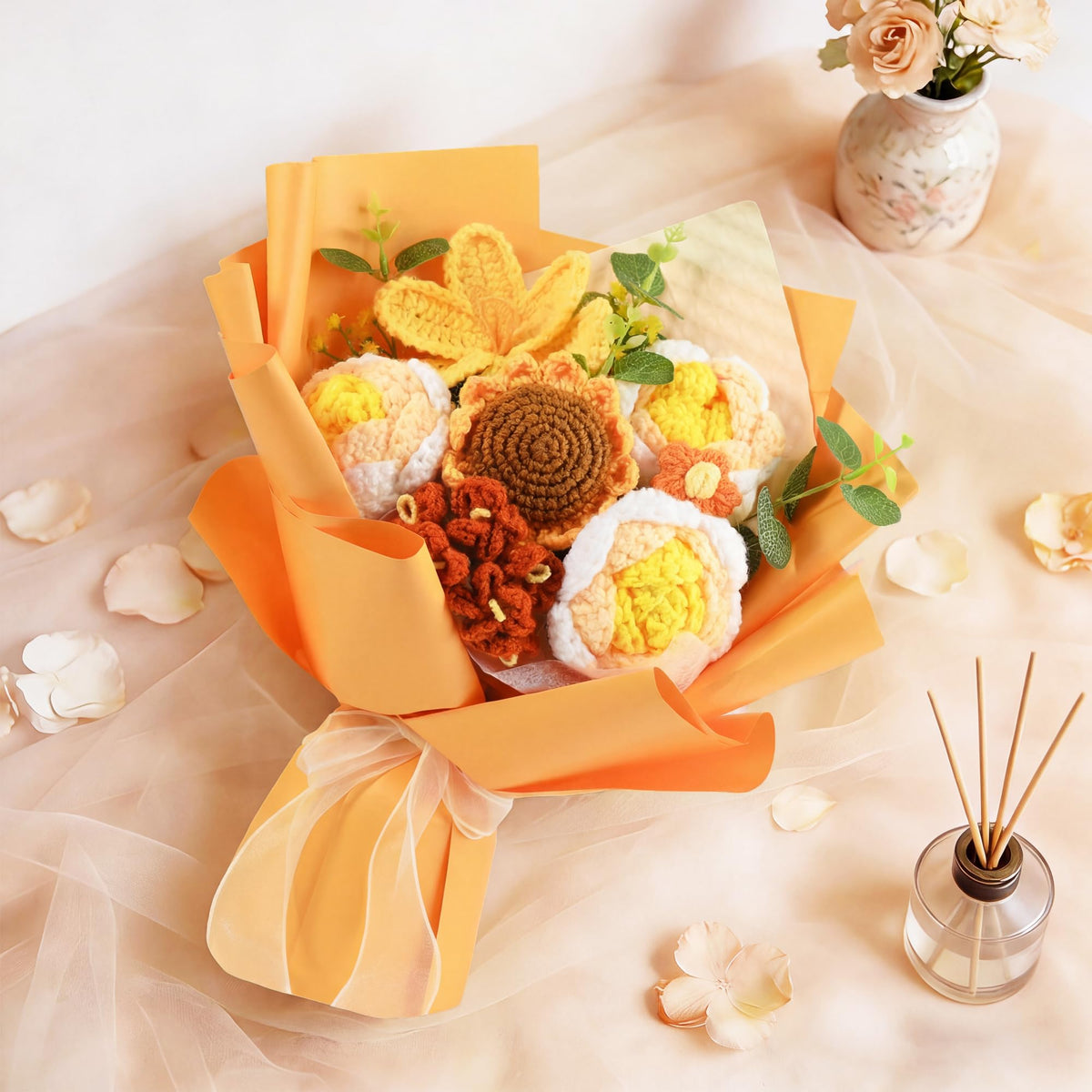 Plukers preserved forever knitted flowers in bag—gift-ready presentation