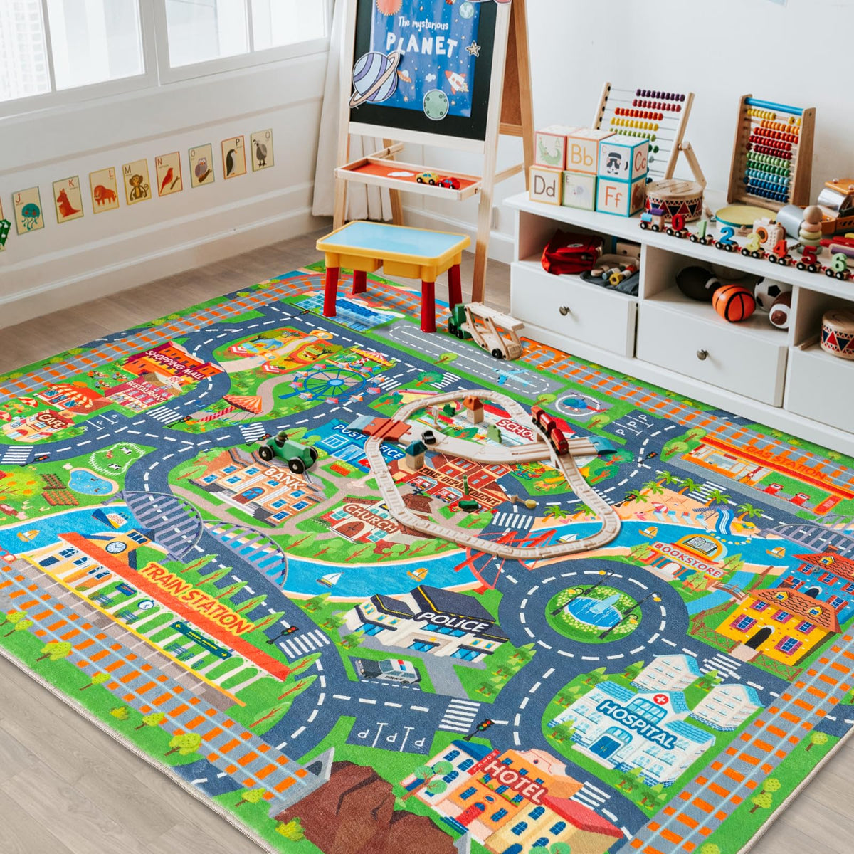 Plumlik car rug play mat with cityscape for imaginative play and learning.