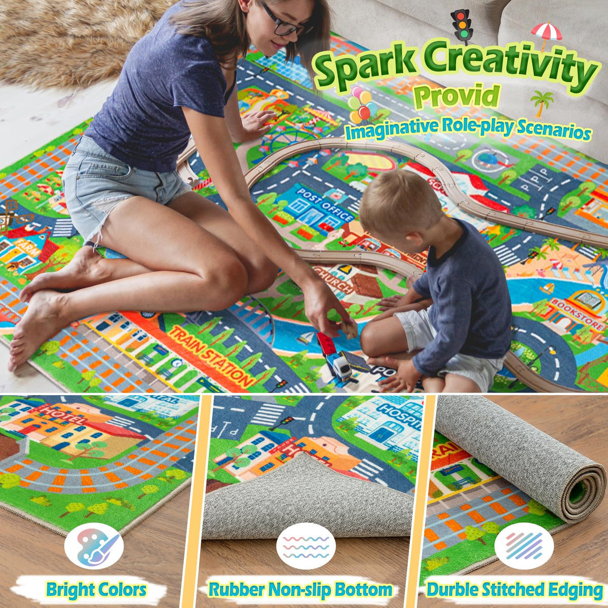 Plumlik machine-washable mat allows quick cleanup after messy play sessions.