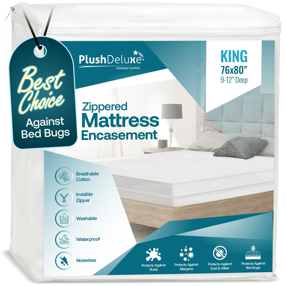 PlushDeluxe king-size encasement with all-sides waterproof protection for a mattress