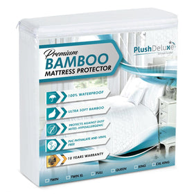 PlushDeluxe premium bamboo mattress protector closeup shows soft fabric and quality weave.