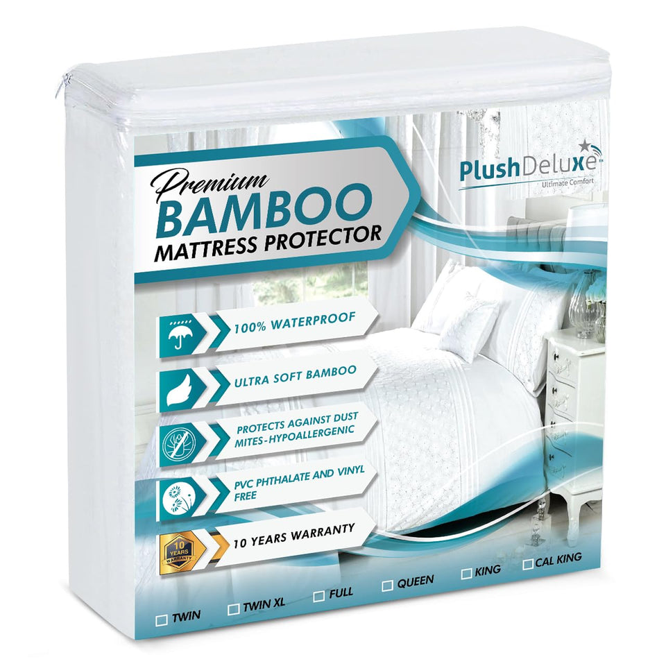 PlushDeluxe premium bamboo mattress protector closeup shows soft fabric and quality weave.