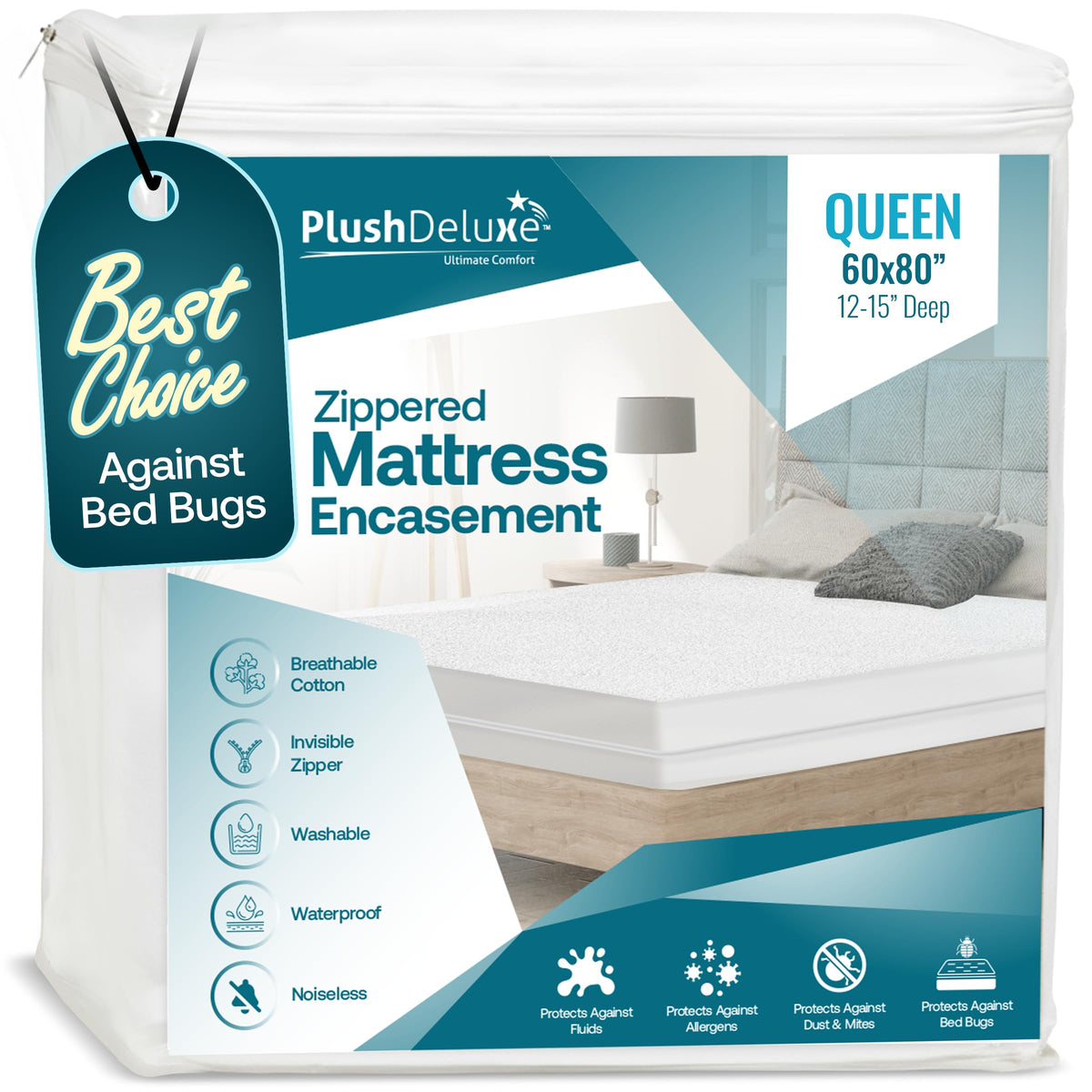PlushDeluxe premium waterproof encasement covers a queen mattress with full six sided protection