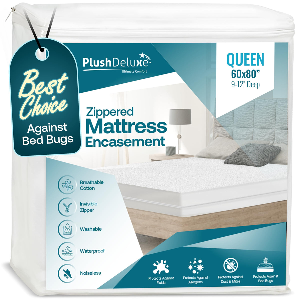 PlushDeluxe queen mattress encasement with zipper for full six-sided protection.