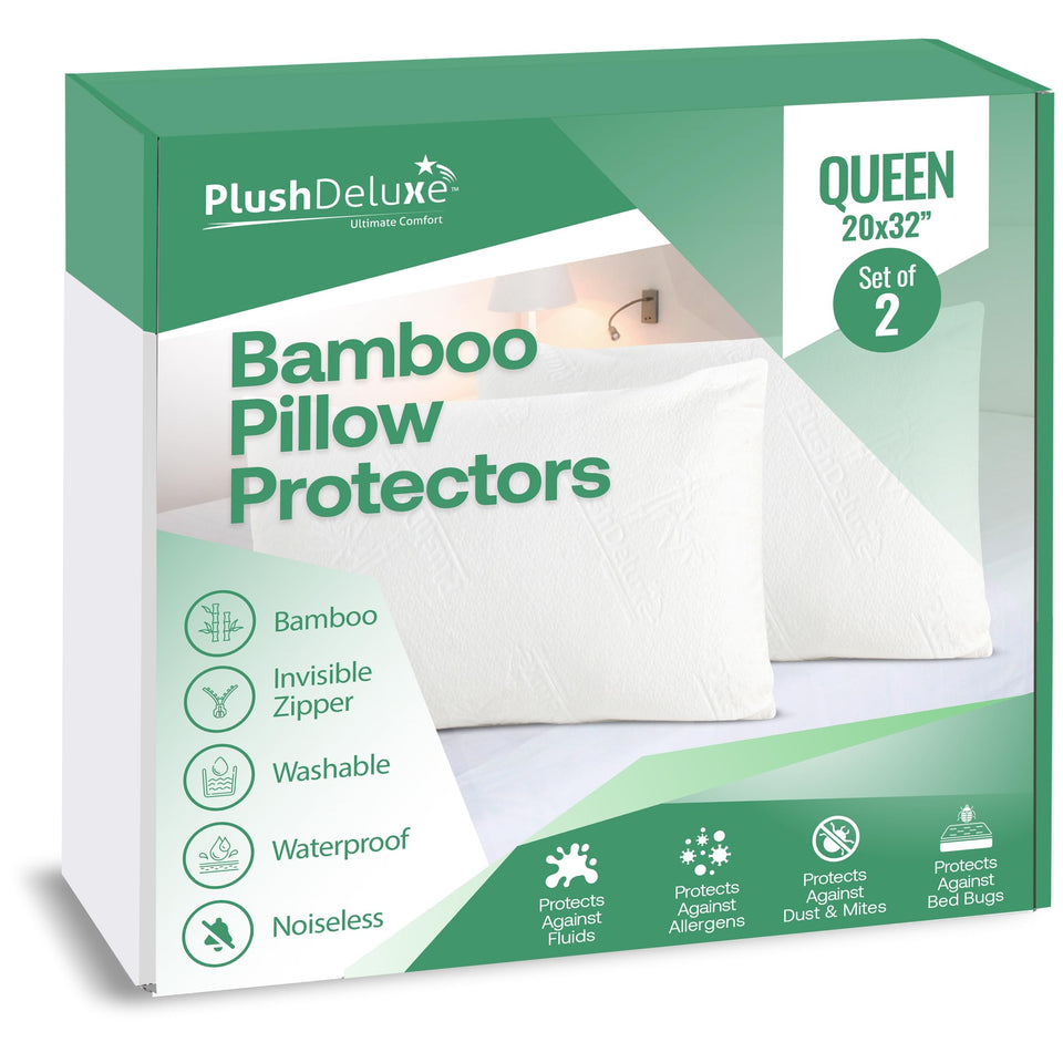 PlushDeluxe waterproof pillow protector with zipper keeps pillows clean and dry.