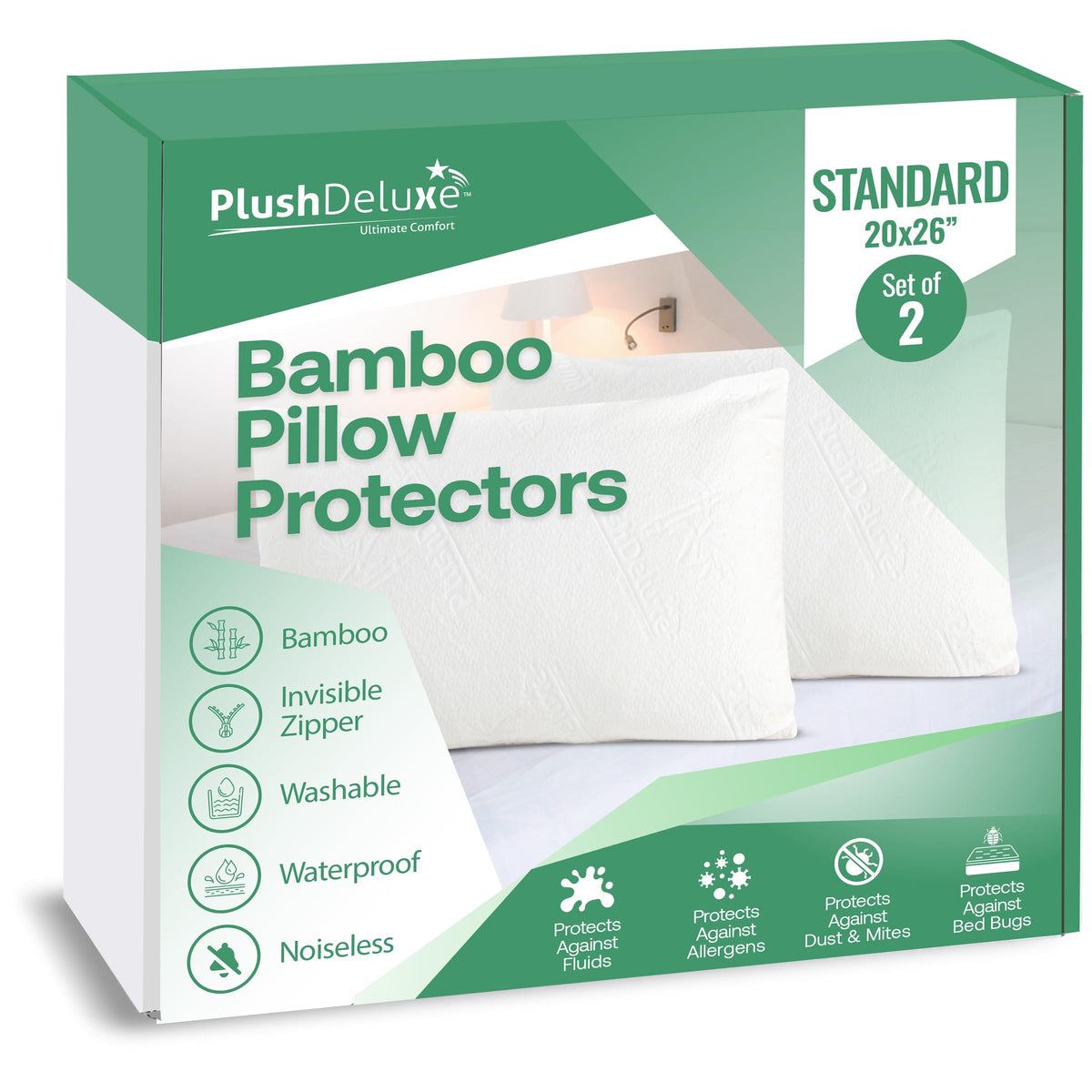 PlushDeluxe waterproof pillow protector cover guards standard pillows from spills.