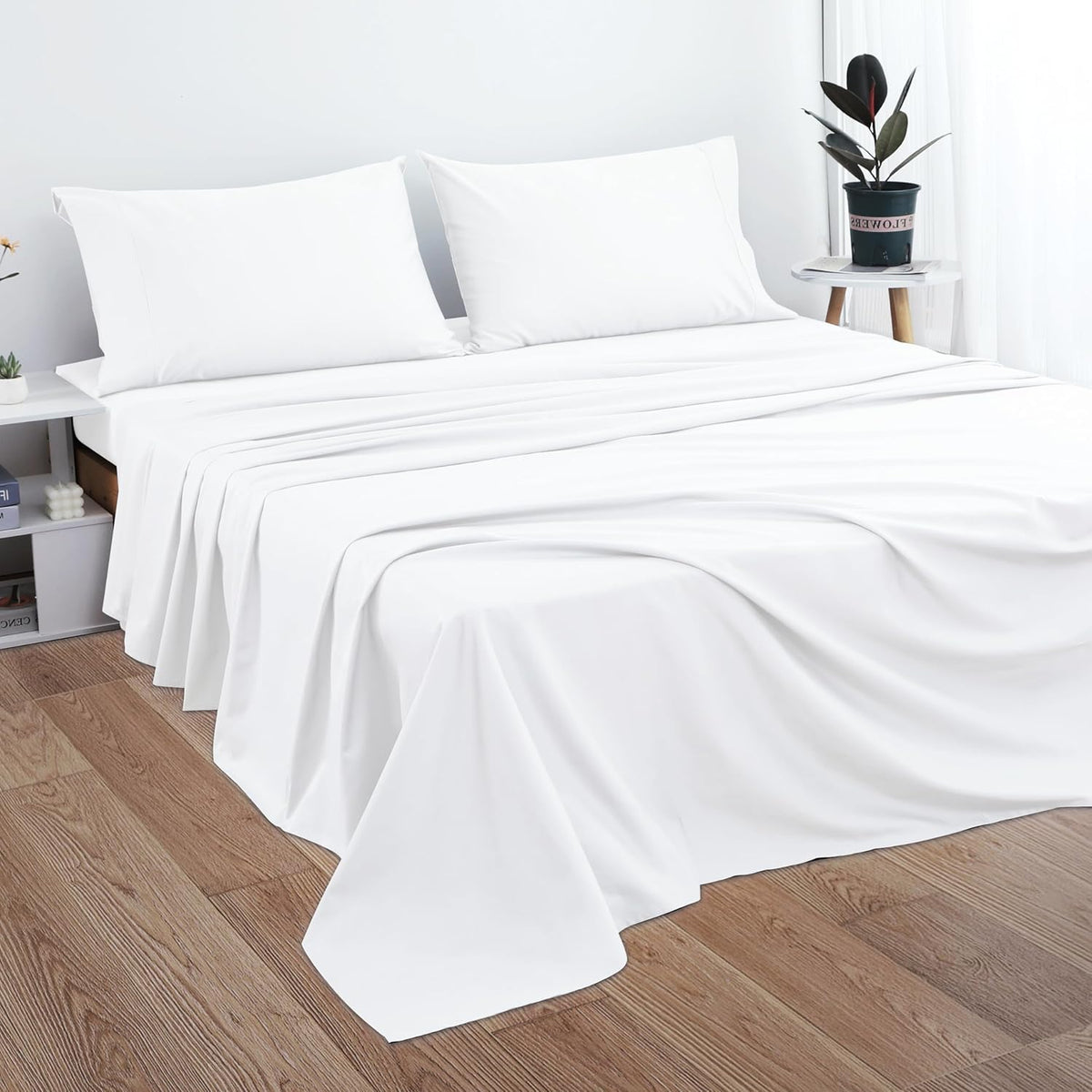 PLUSHY COMFORT luxury king flat sheet on bed demonstrates generous king size fit