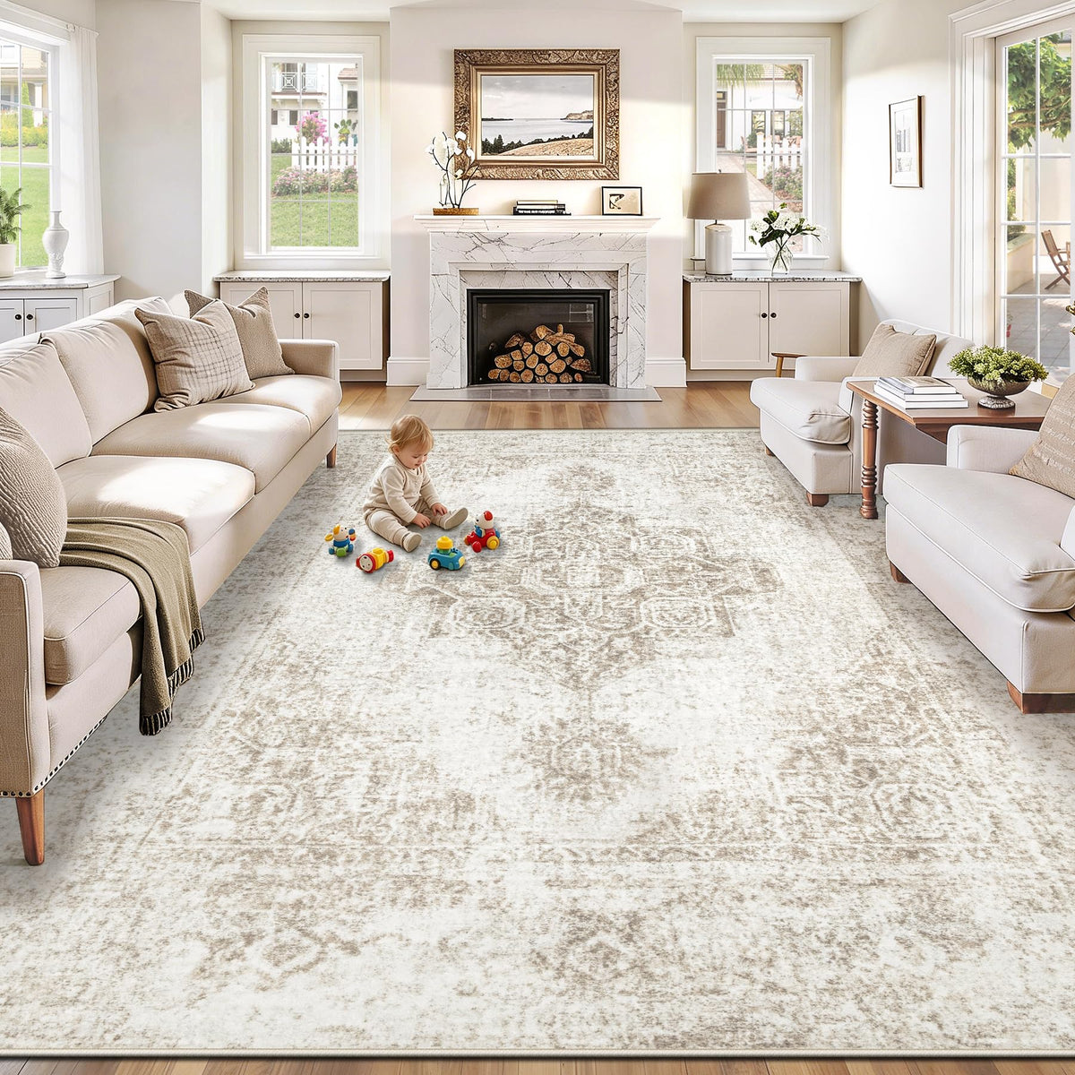 PMTSNS 8x10 rug with vintage medallion in beige enhances living room ambiance.