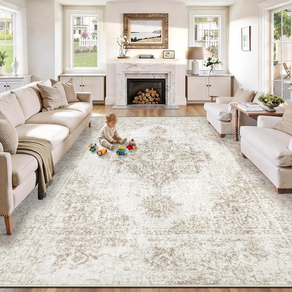 PMTSNS 8x10 rug with vintage medallion in beige enhances living room ambiance.