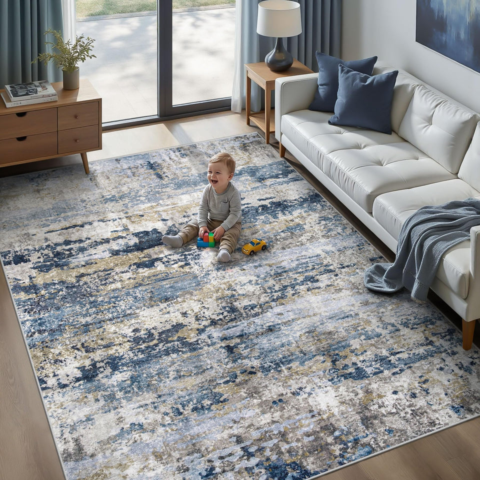 pmtsns Area Rug 5x7 with abstract blue-gray-brown pattern for versatile living spaces.