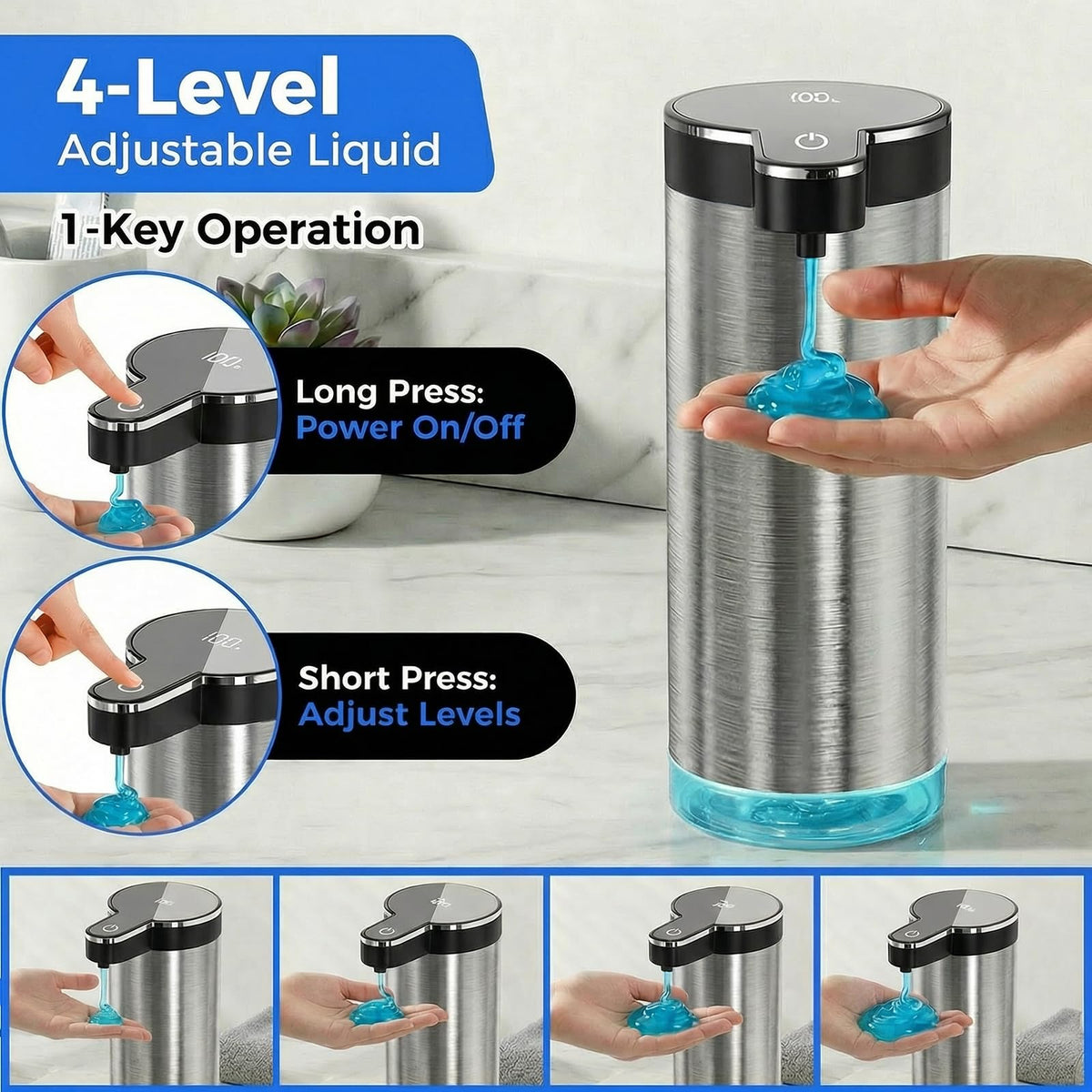Poaoed dispenser with digital display shows battery level and mode at a glance for easy monitoring.