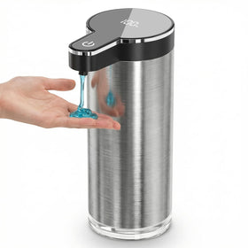 Poaoed touchless dispenser front view shows a sleek stainless steel finish for hands-free hygiene at home.