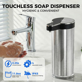 Poaoed dispenser side view highlights compact footprint for flexible placement in kitchens or baths.
