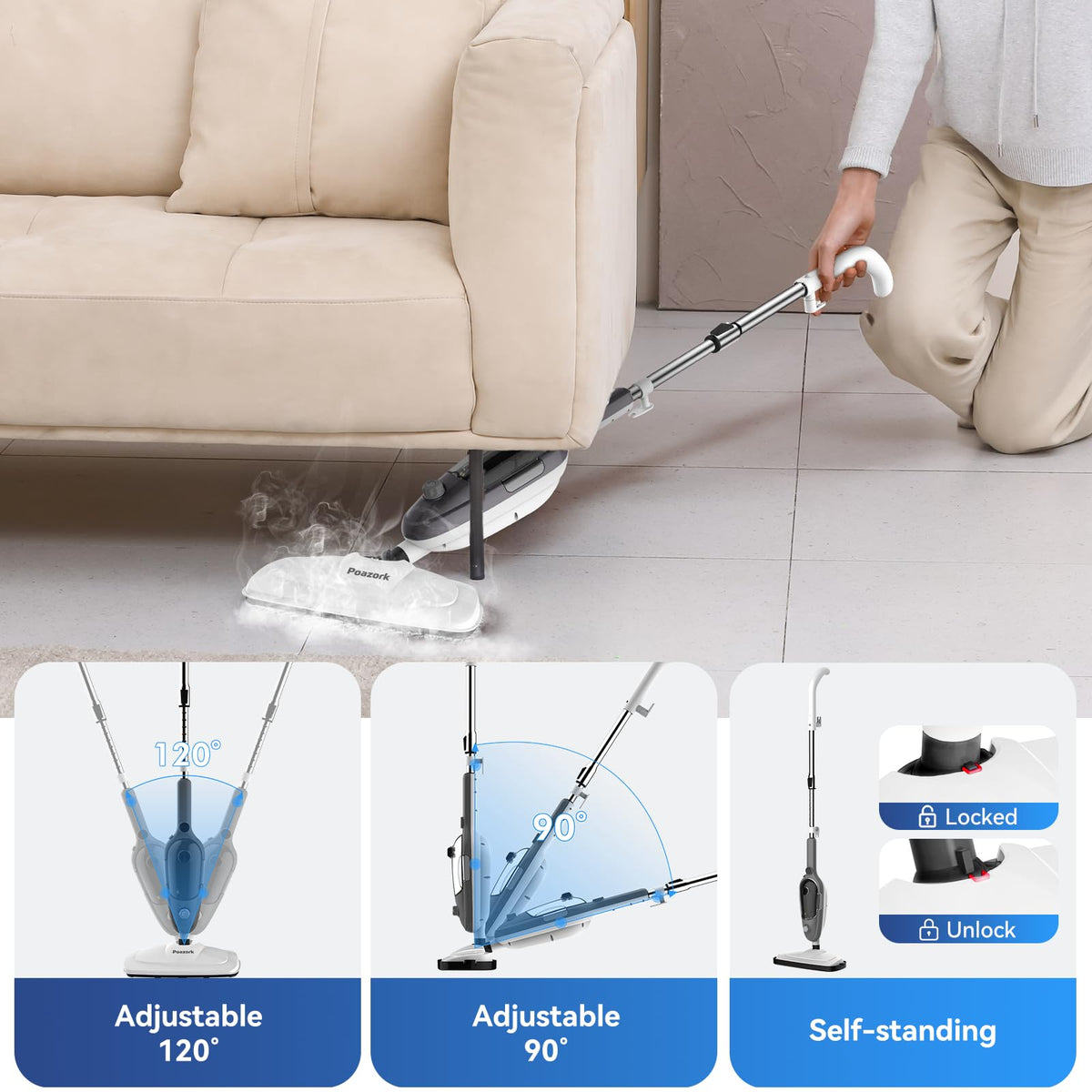 Poazork Steam Mop 450ml tank for longer cleaning sessions