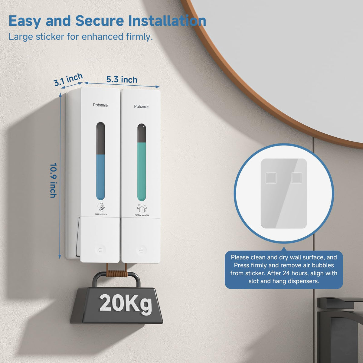 POBAMLE 2-chamber shower dispenser for organized liquids.