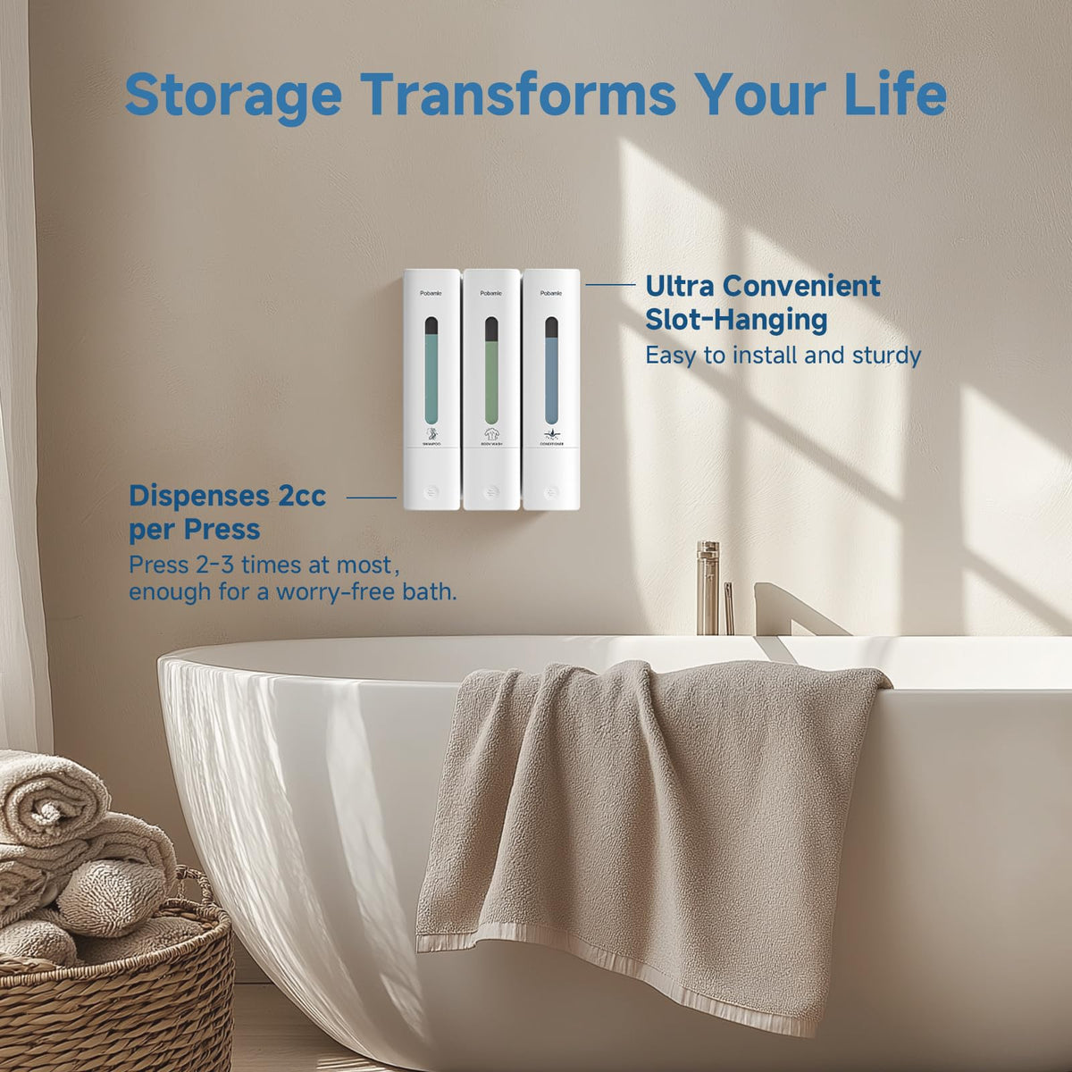 Pobamle dispenser in a tidy bathroom setup