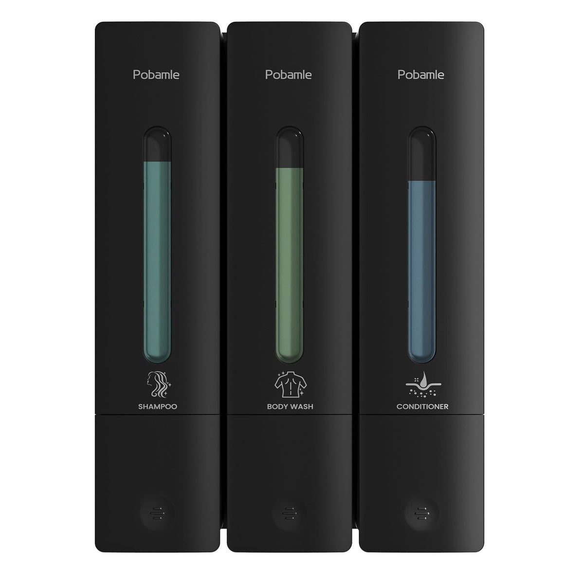 POBAMLE shampoo dispenser front view keeps shower essentials neatly organized.