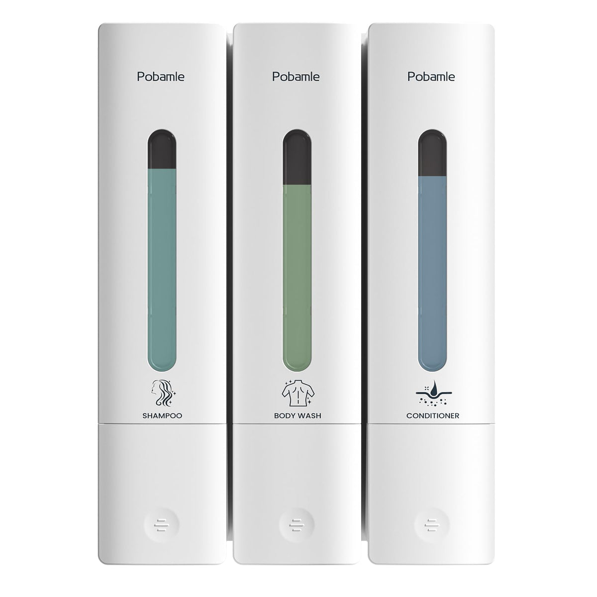Pobamle Shampoo Dispenser front view with three clear chambers