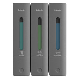 POBAMLE shampoo dispenser front view with three chambers for organized essentials.
