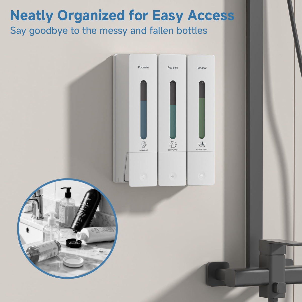 Pobamle Shampoo Dispenser side view on wall mount