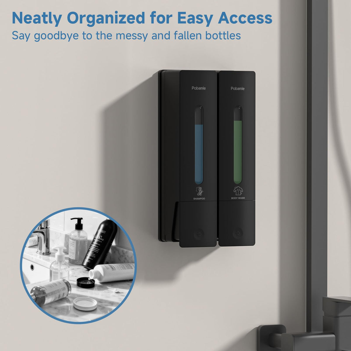 POBAMLE wall mount side view highlighting visible liquid levels for quick refills