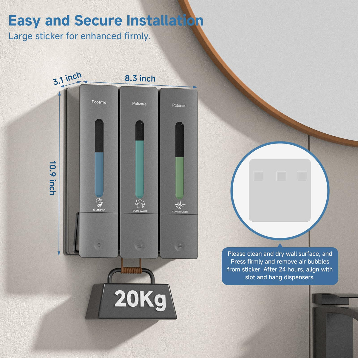 POBAMLE wall-mount bracket no-drill setup for easy bathroom upgrade.