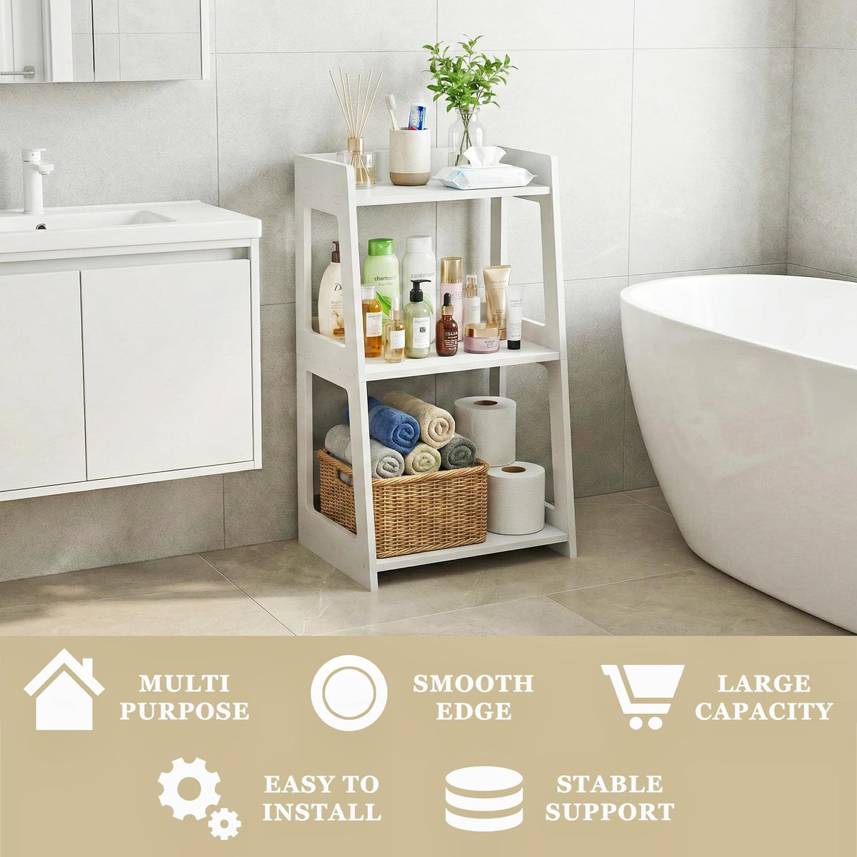 POBOMULI ladder shelf as nightstand in a tidy bedroom