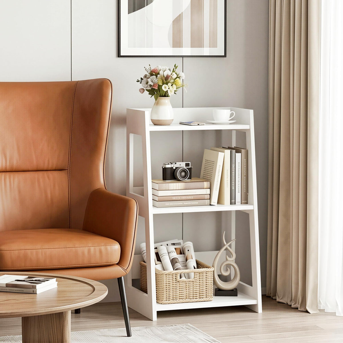 POBOMULI white ladder shelf used for spices and cookbooks in kitchen