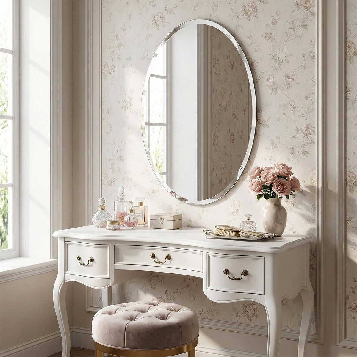Pocetry frameless oval mirror flush mount creates seamless wall profile.