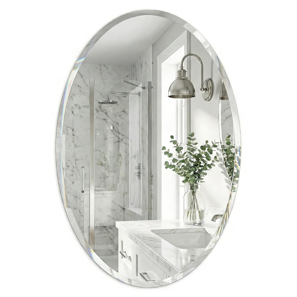 Pocetry 20x28 frameless oval mirror front view enhances compact bathroom space.