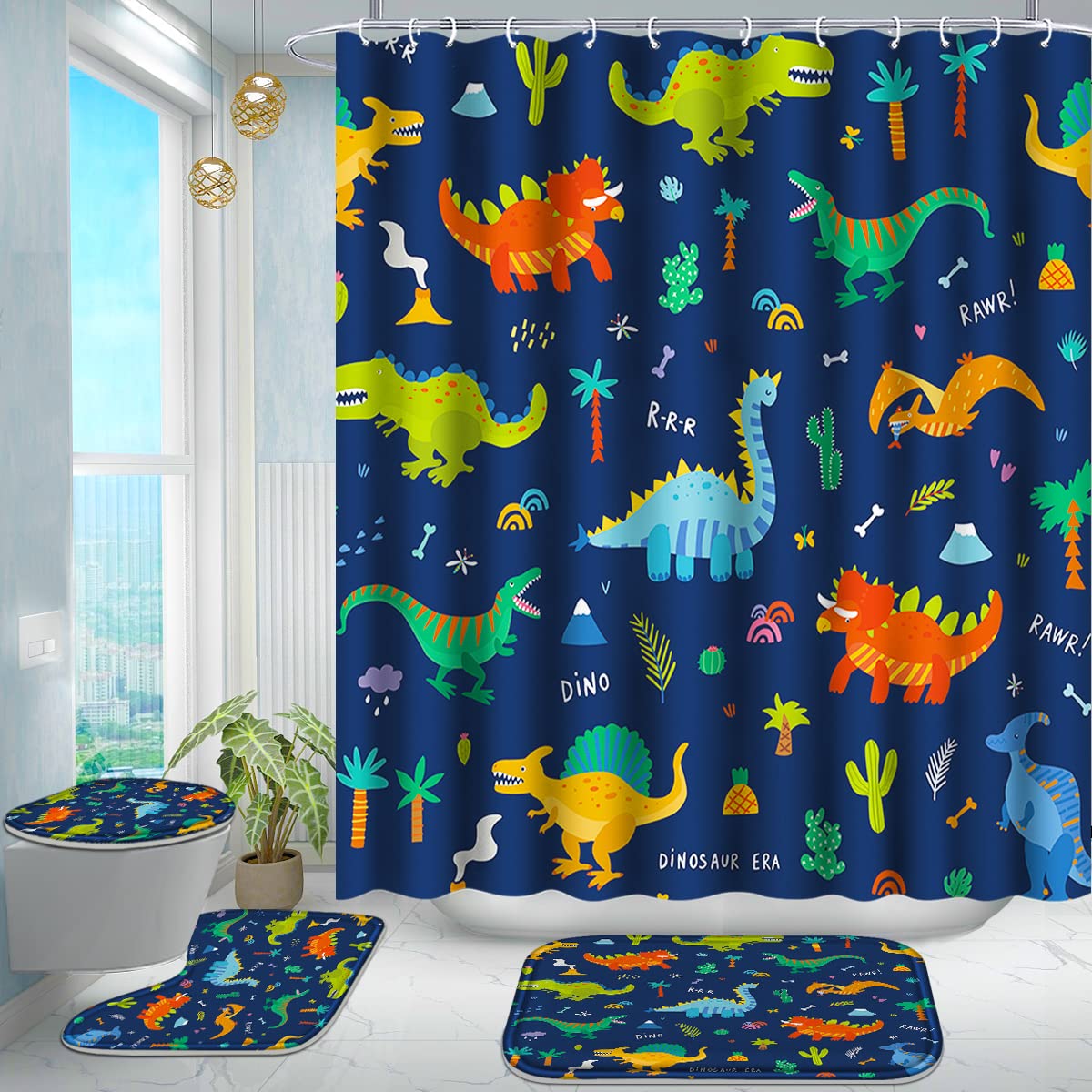 Poedist dinosaur shower curtain adds playful charm to kids' bathroom with waterproof protection.
