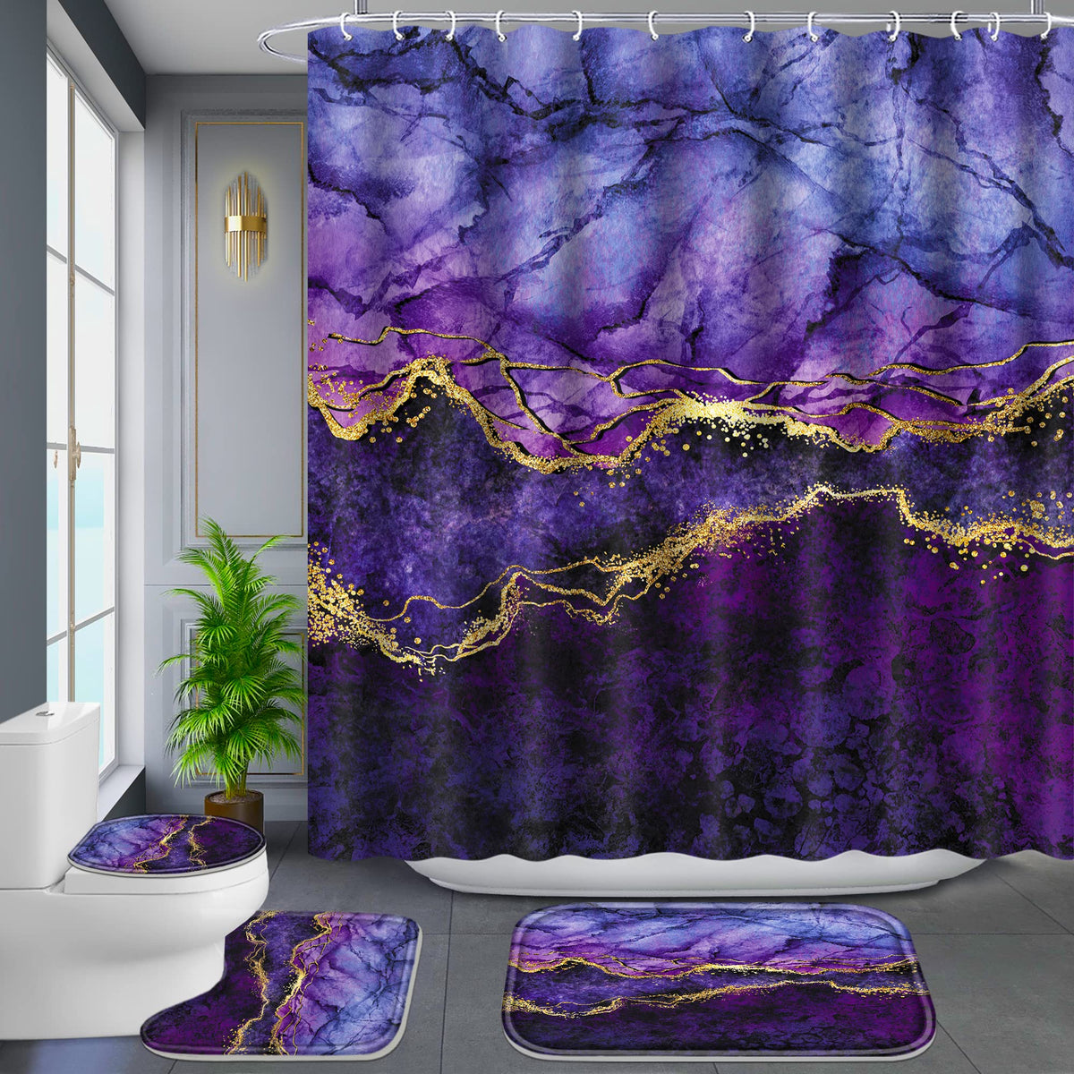 Poedist gold edge marble shower curtain purple adds elegant privacy.