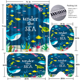 Poedist shower curtain detail shows vibrant sea theme and durable construction.