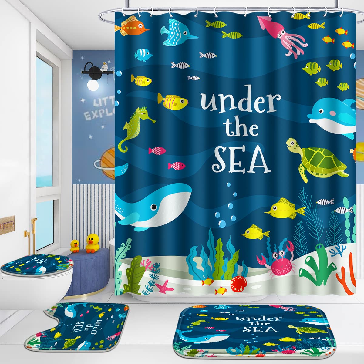 Poedist undersea shower curtain adds playful charm while keeping water contained.