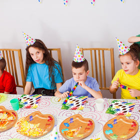Poen artist tableware set serves 50 with color-splashed plates and napkins
