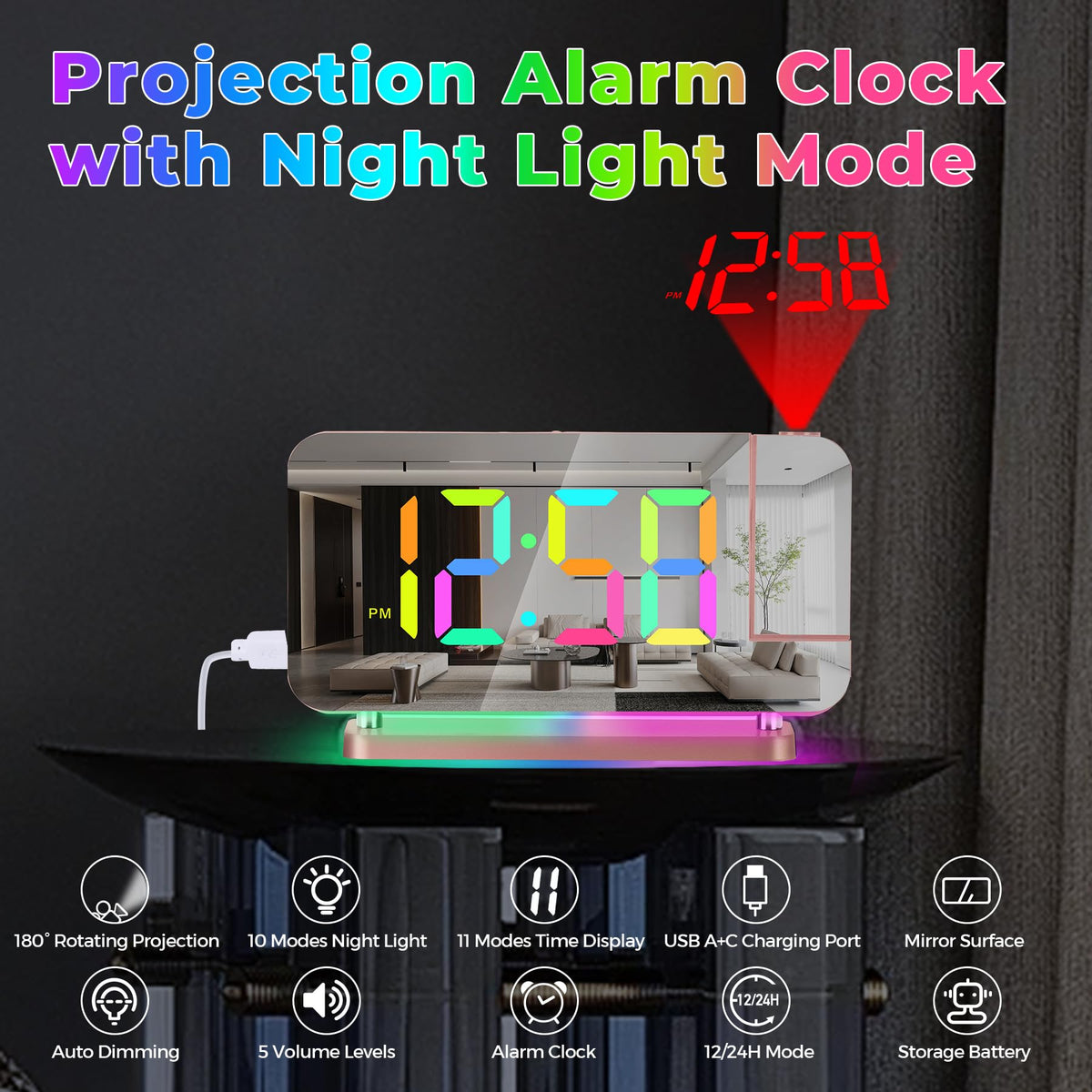 Poeroa projector clock auto dimming for comfortable nighttime brightness.