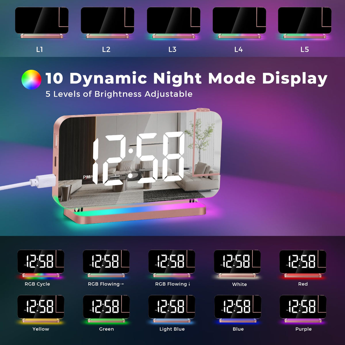 Poeroa projector clock USB-C port charges two devices simultaneously.