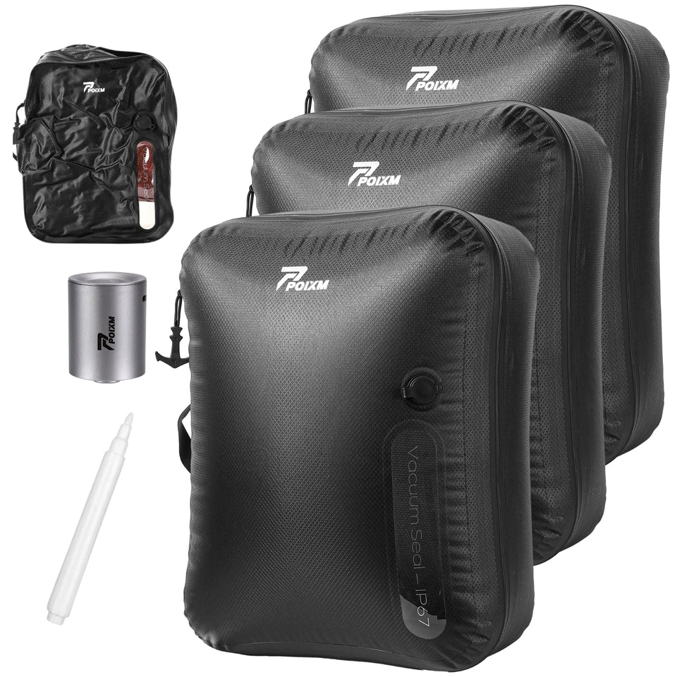 POIXM Vacuum Bags 3-pack with pump for organized travel packing.