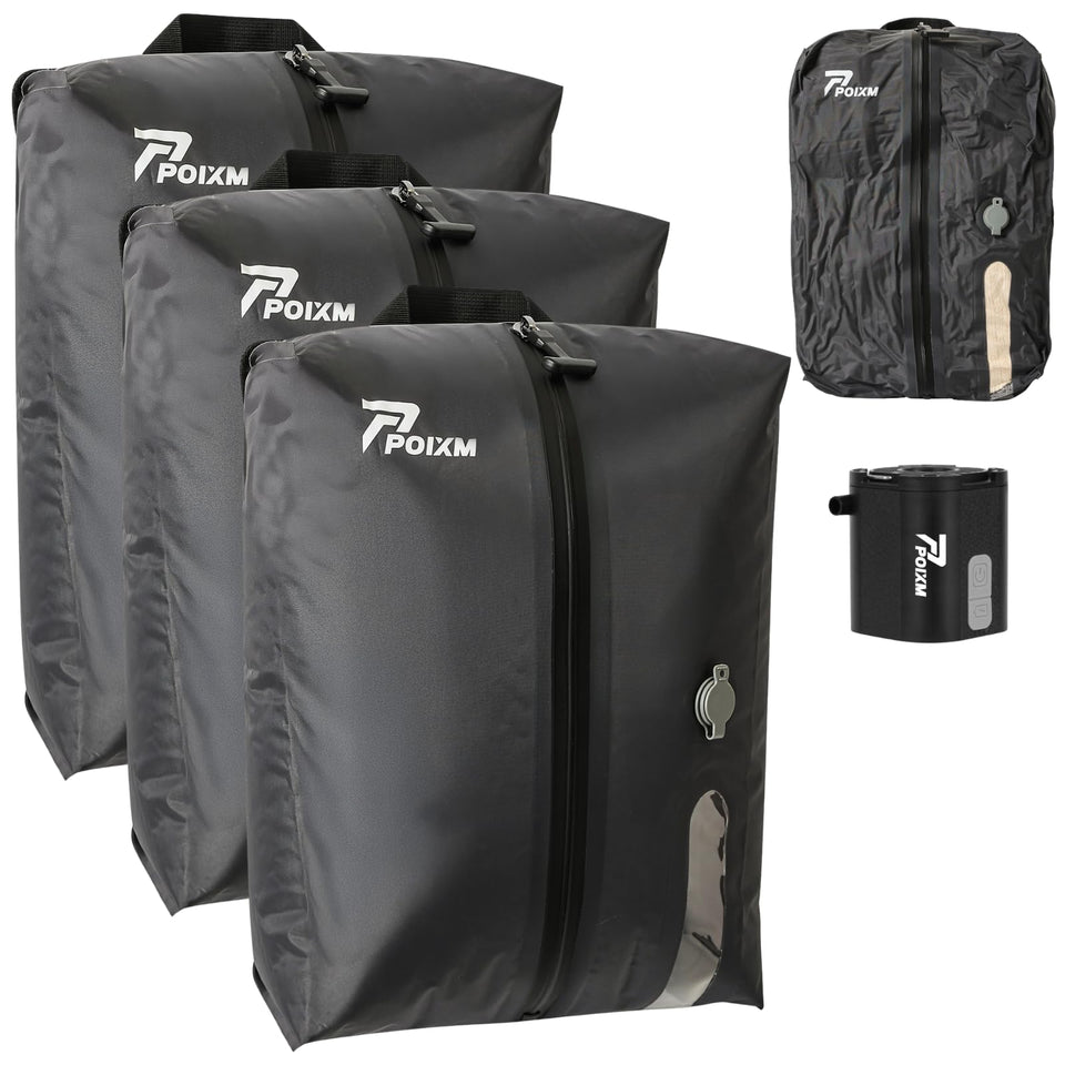POIXM vacuum bags travel with pump demonstrate quick compression for efficient packing.