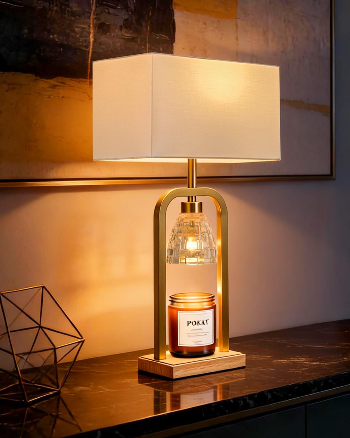 PoKat Gold Table Lamp Candle Warmer with top light glow for cozy spaces