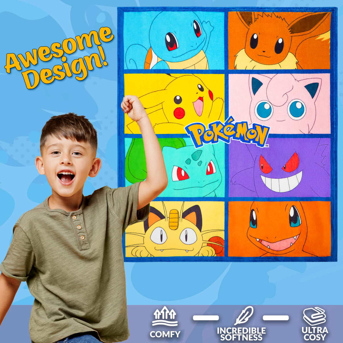 Pokémon design on kid's bed adds whimsy and color.