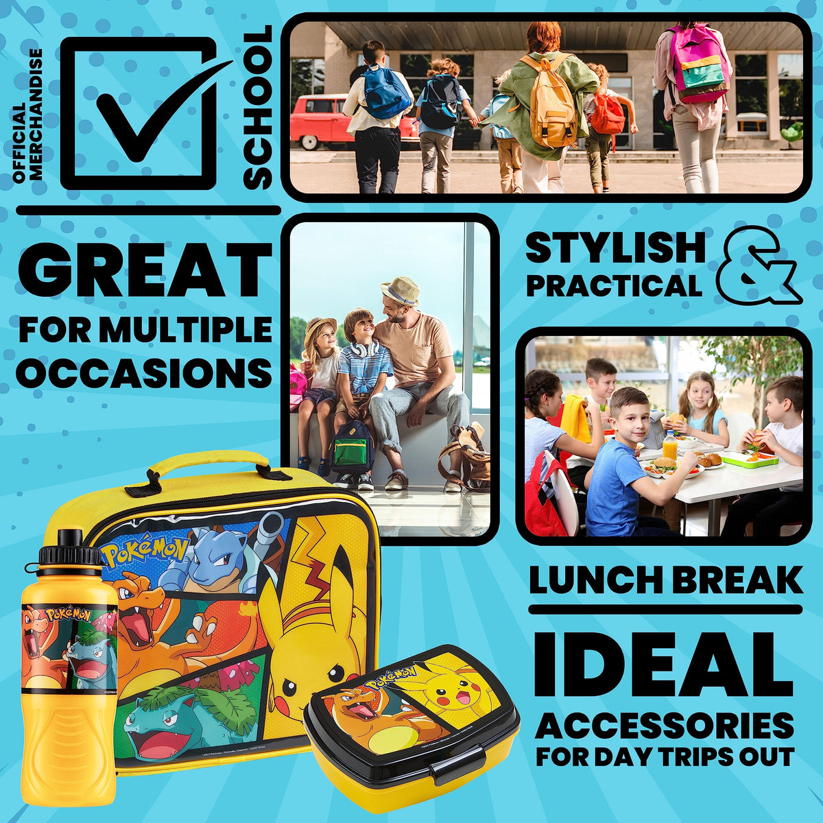 Pokemon insulated lunch bag in yellow is lightweight for everyday use.