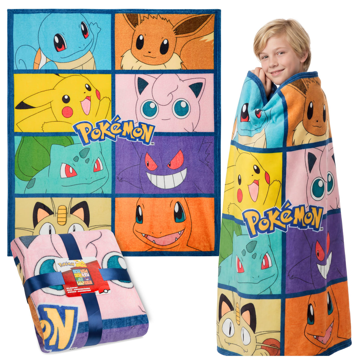 Pokémon soft fleece blanket on sofa provides cozy warmth for movie night.