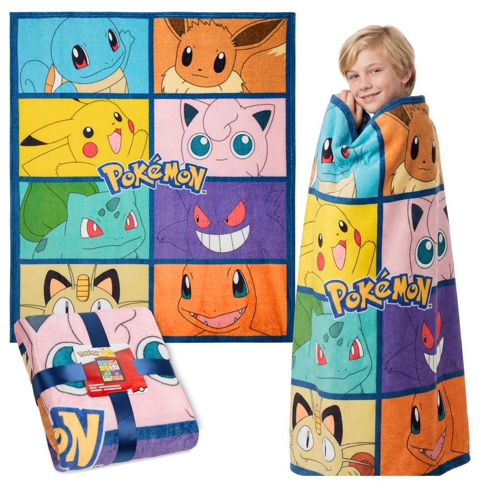 Pokémon soft fleece blanket on sofa provides cozy warmth for movie night.