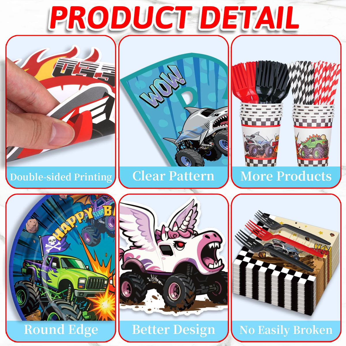 Polinook monster truck tableware set for 24 guests at celebrations