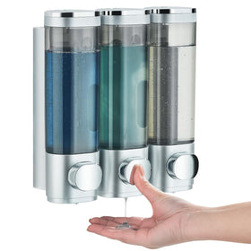 Pollock 3-chamber shower dispenser front view for organized bathroom liquids.