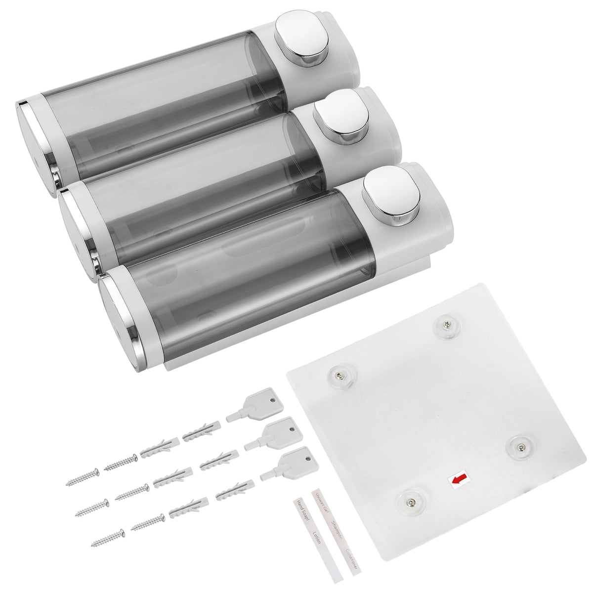 Pollock three-chamber dispenser suited for bathrooms, kitchens, and hotels.